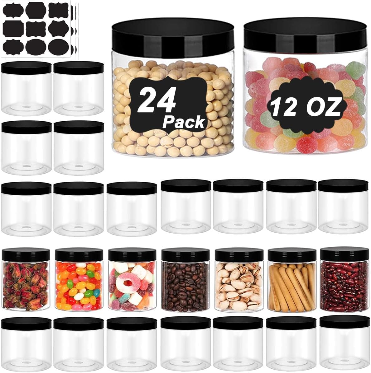 24 Pack 12 oz PET Plastic Jars with Lids - Round Slime Storage Jars for Dry Food and Crafts