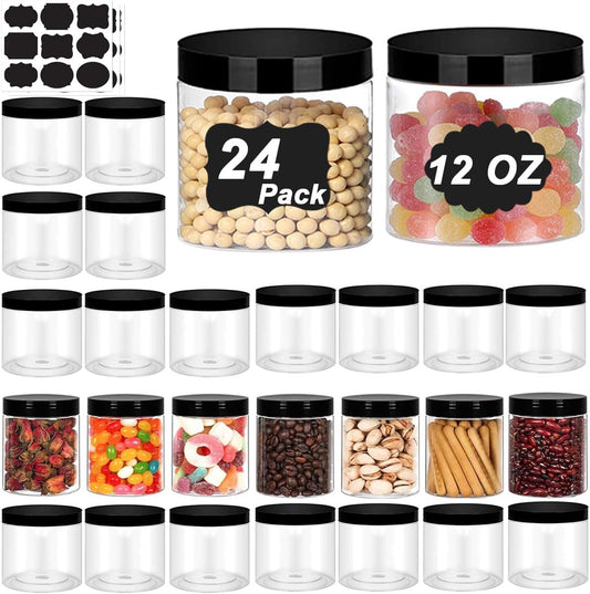 24 Pack 12 oz PET Plastic Jars with Lids - Round Slime Storage Jars for Dry Food and Crafts