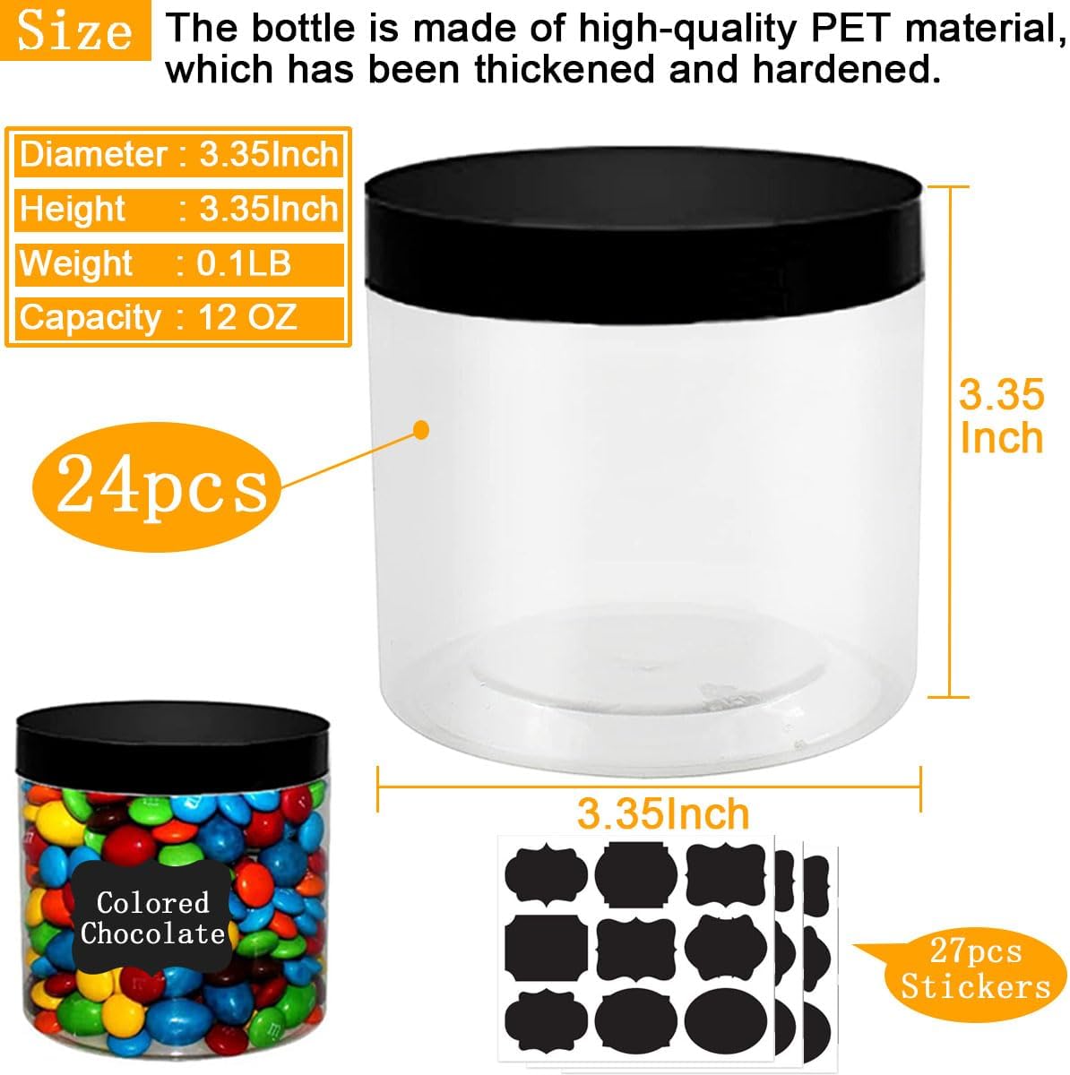 24 Pack 12 oz PET Plastic Jars with Lids - Round Slime Storage Jars for Dry Food and Crafts