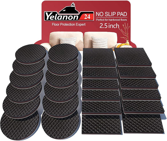 24 Pack 2.5" Yelanon Non Slip Furniture Pads - Furniture Grippers for Legs, Self Adhesive Rubber Feet, Anti Slide Hardwood Floor Protectors for Couch Stoppers