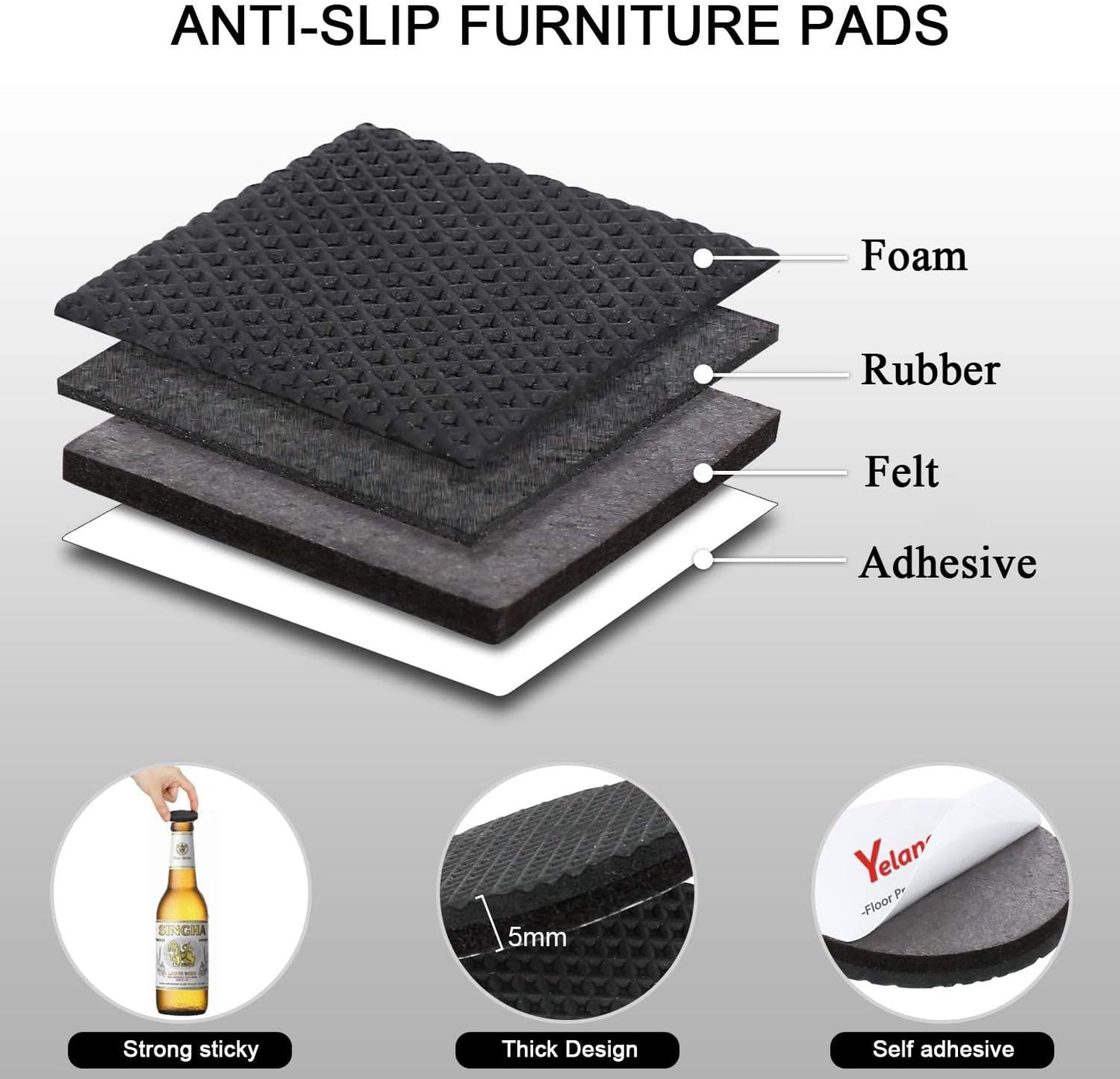 24 Pack 2.5" Yelanon Non Slip Furniture Pads - Furniture Grippers for Legs, Self Adhesive Rubber Feet, Anti Slide Hardwood Floor Protectors for Couch Stoppers