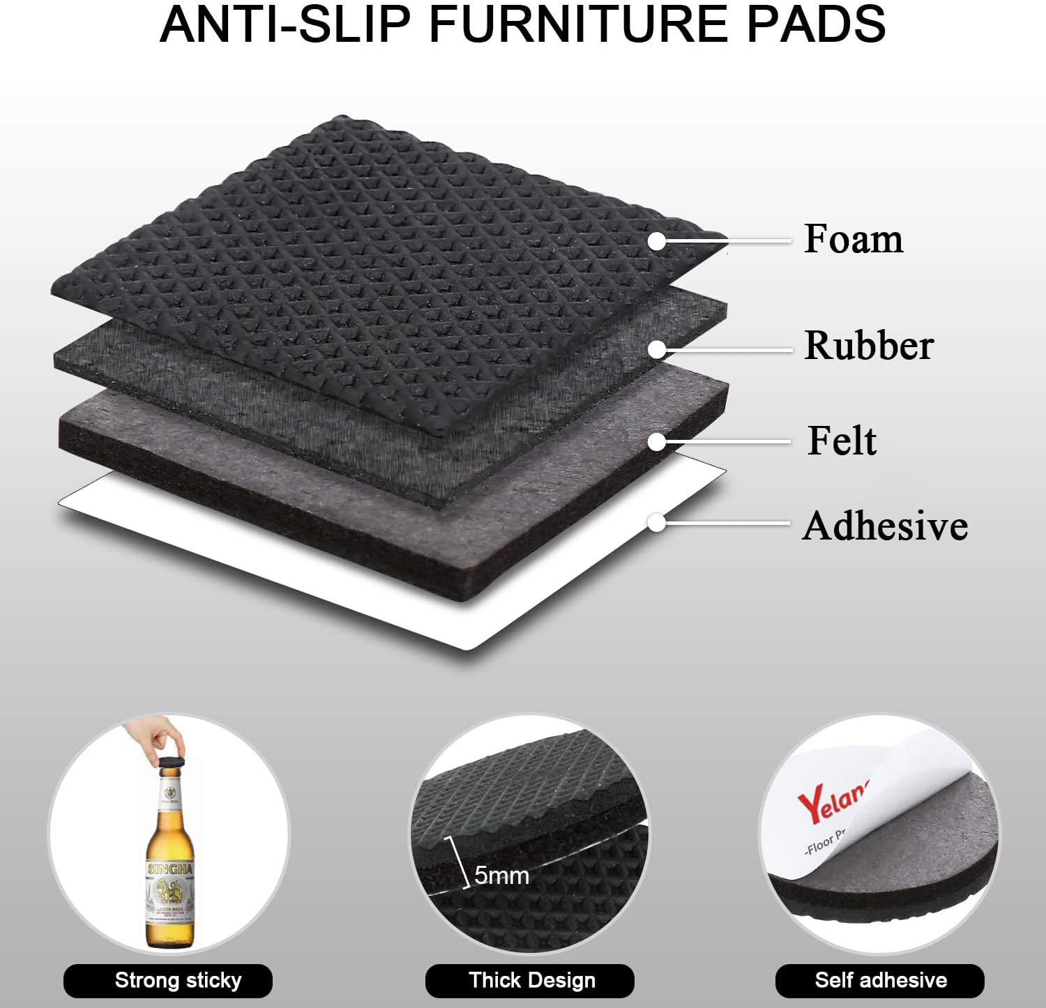 24 Pack 2.5" Yelanon Non Slip Furniture Pads - Furniture Grippers for Legs, Self Adhesive Rubber Feet, Anti Slide Hardwood Floor Protectors for Couch Stoppers