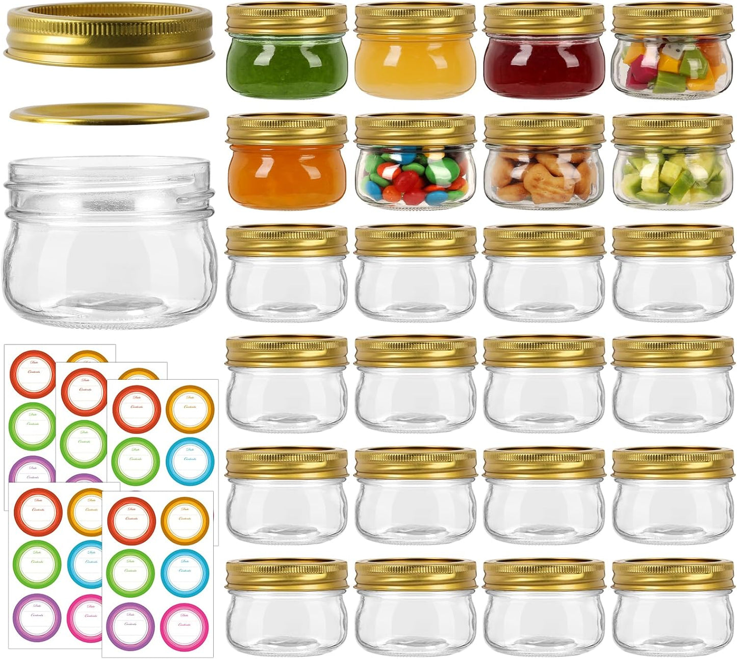 24 Pack 4 oz Mason Jars with Gold Lids, Regular Mouth Glass Canning Jars for Jam and Wedding Favors