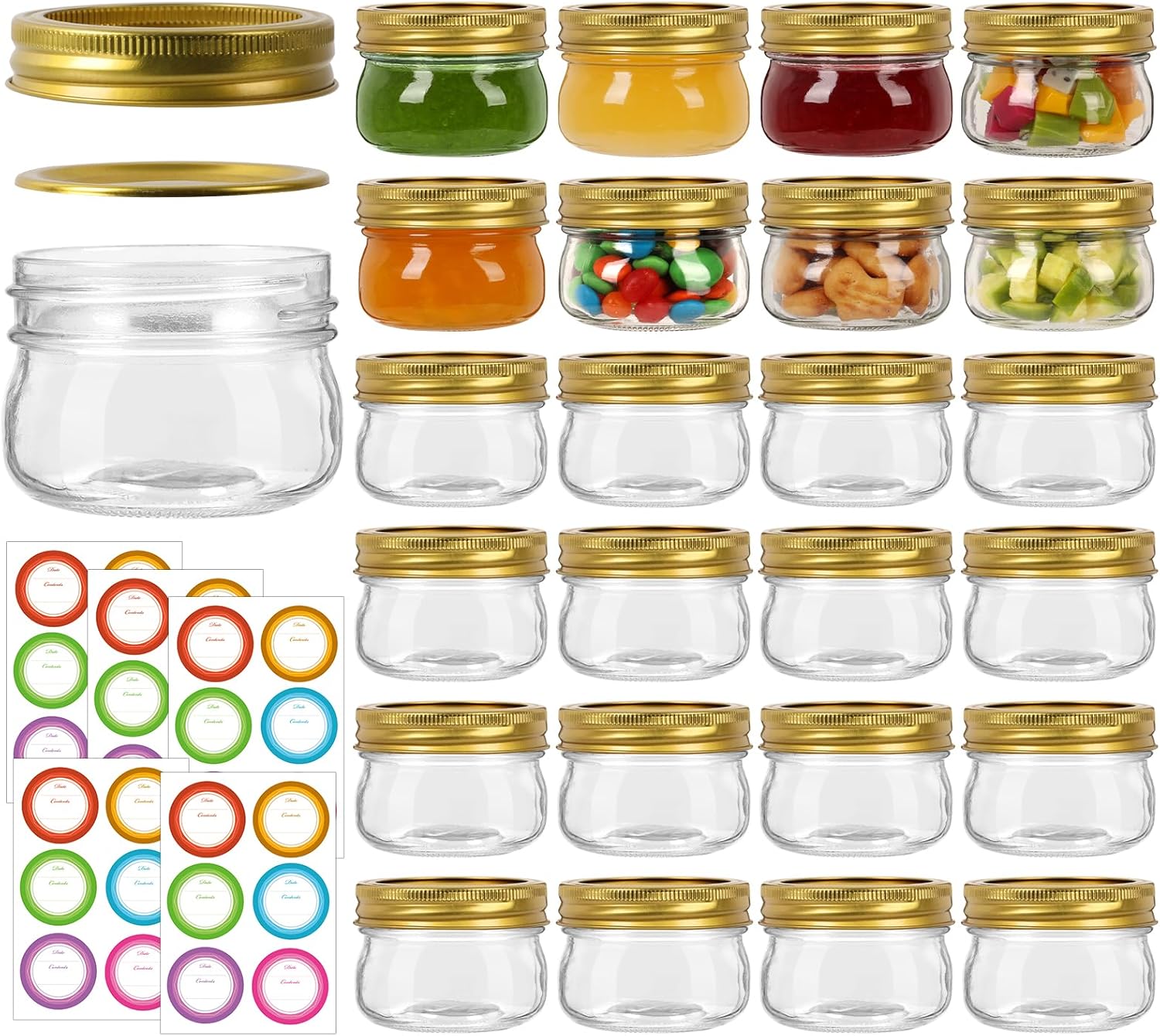 24 Pack 4 oz Mason Jars with Gold Lids, Regular Mouth Glass Canning Jars for Jam and Wedding Favors