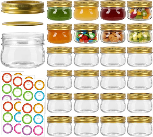 24 Pack 4 oz Mason Jars with Gold Lids, Regular Mouth Glass Canning Jars for Jam and Wedding Favors