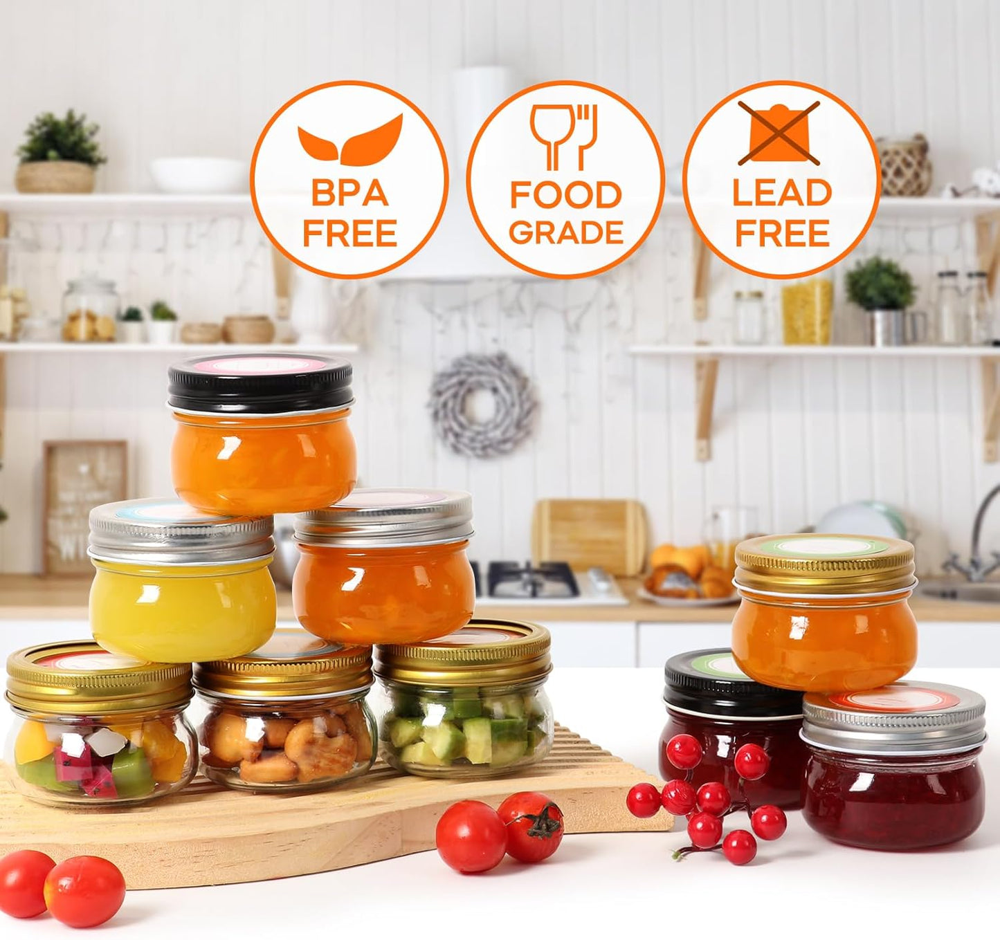 24 Pack 4 oz Mason Jars with Gold Lids, Regular Mouth Glass Canning Jars for Jam and Wedding Favors