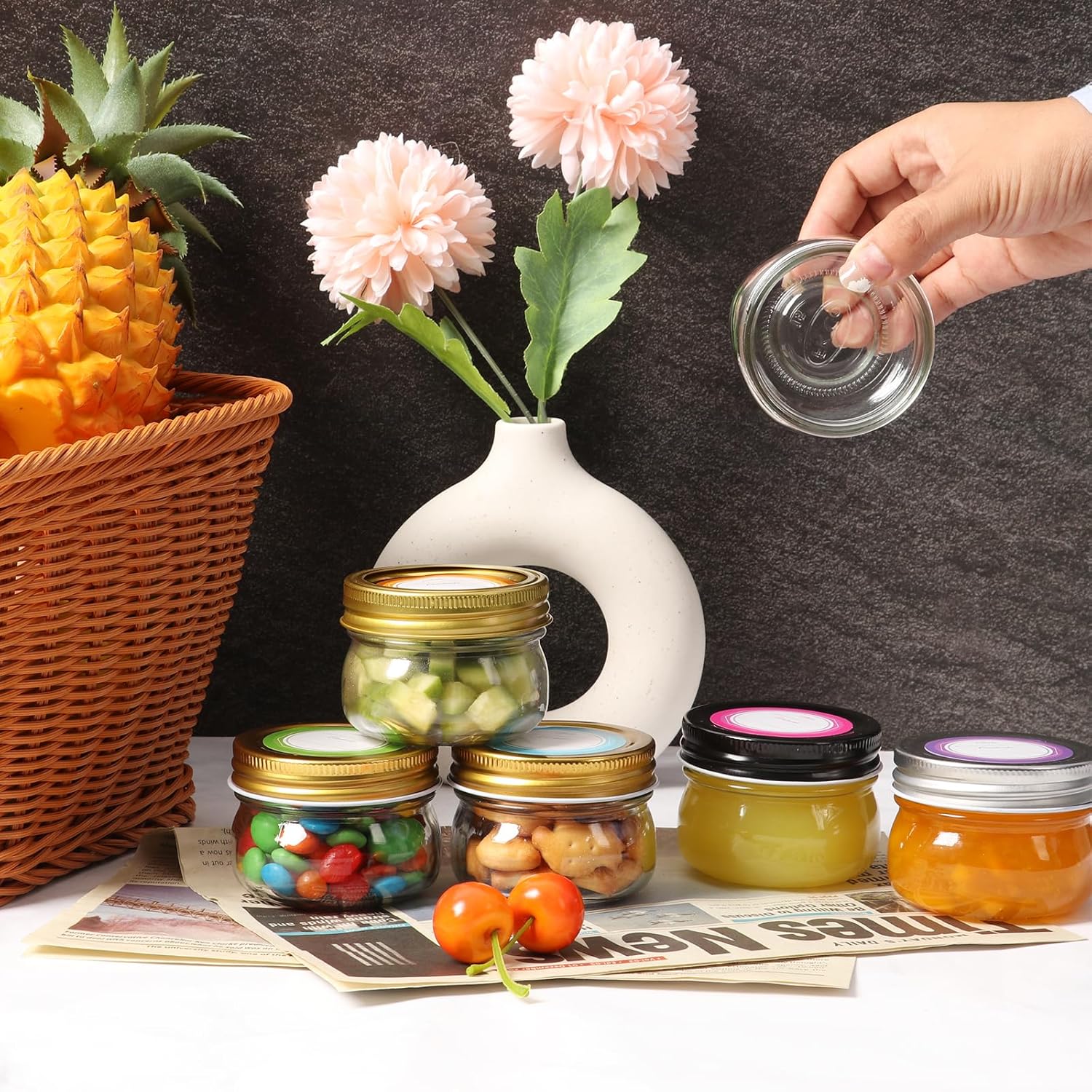 24 Pack 4 oz Mason Jars with Gold Lids, Regular Mouth Glass Canning Jars for Jam and Wedding Favors