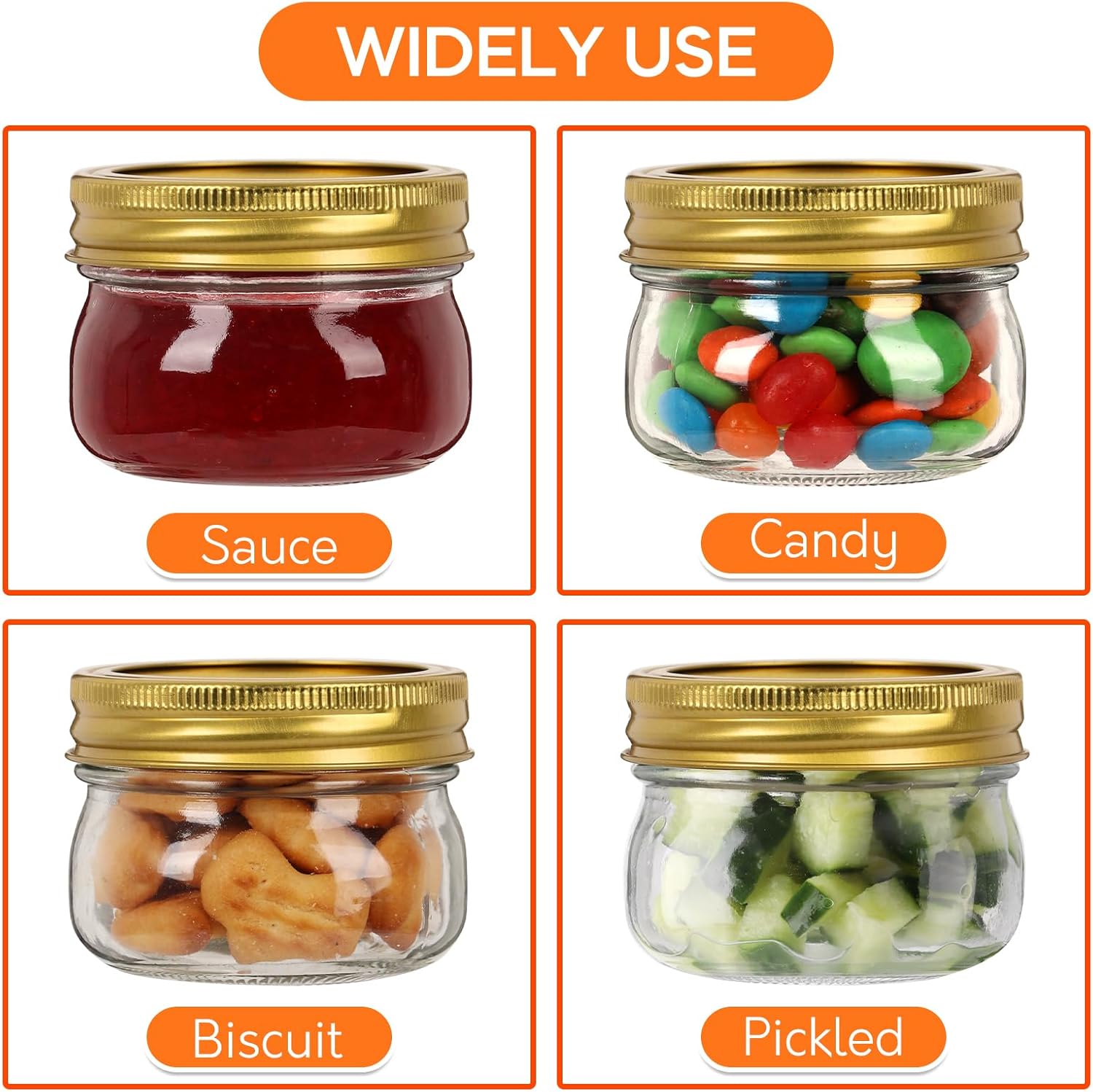 24 Pack 4 oz Mason Jars with Gold Lids, Regular Mouth Glass Canning Jars for Jam and Wedding Favors