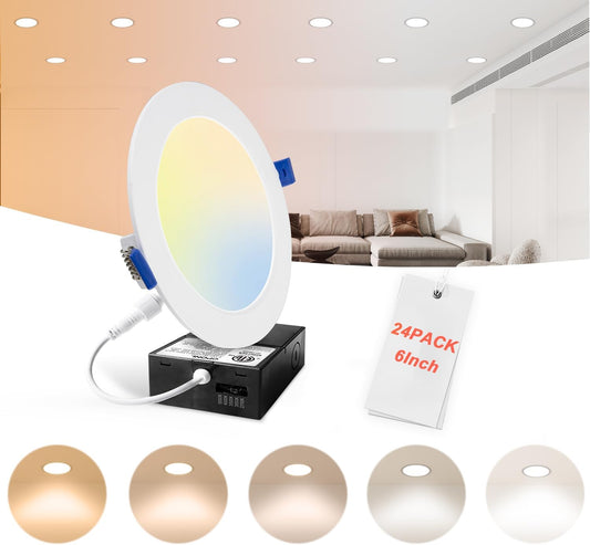 24 Pack 6 Inch LED Recessed Lighting with Junction Box - Ultra-Thin, High Brightness, Dimmable Wafer Ceiling Light
