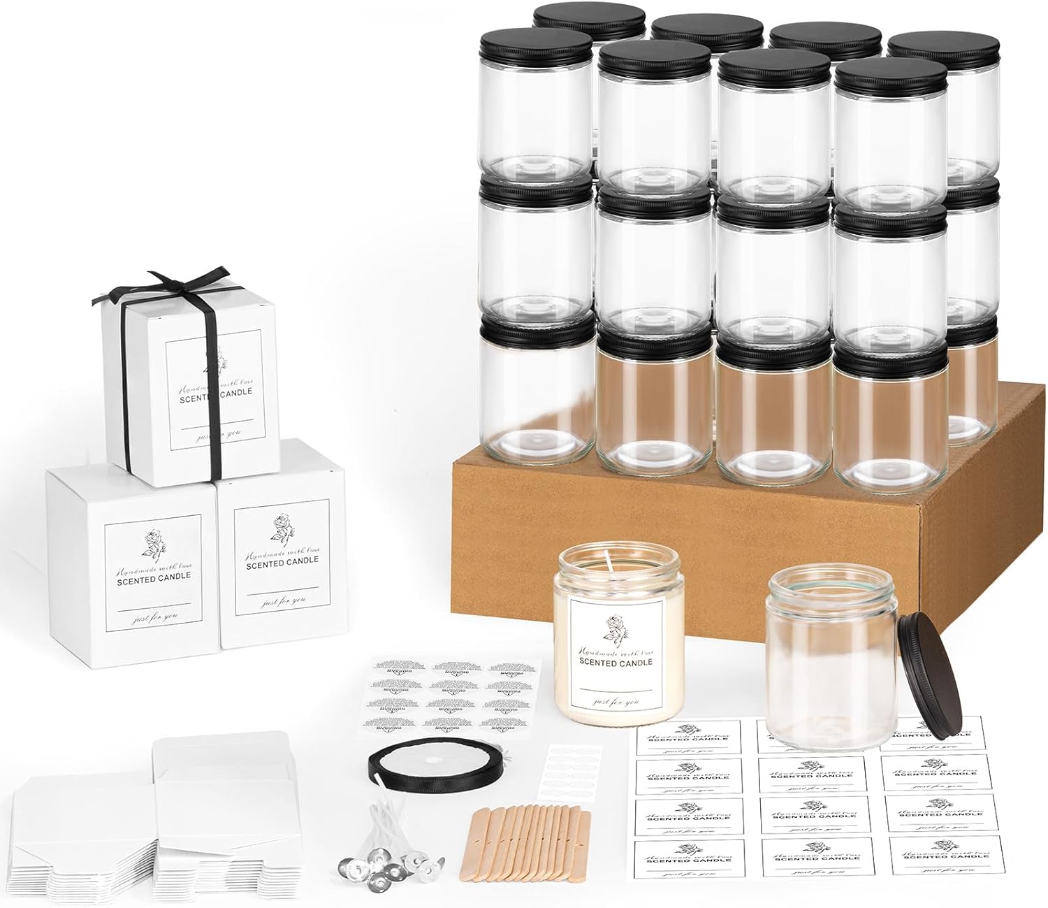 24 Pack 8 OZ Thick Glass Jars with Metal Lids for Candle Making and Food Storage