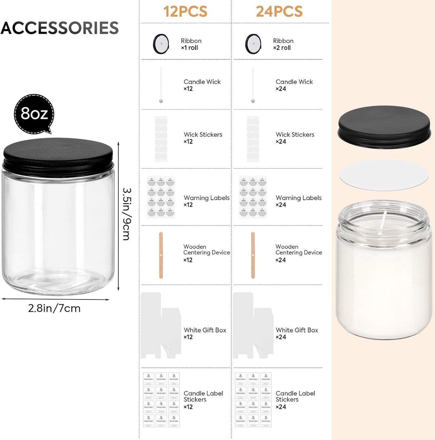 24 Pack 8 OZ Thick Glass Jars with Metal Lids for Candle Making and Food Storage