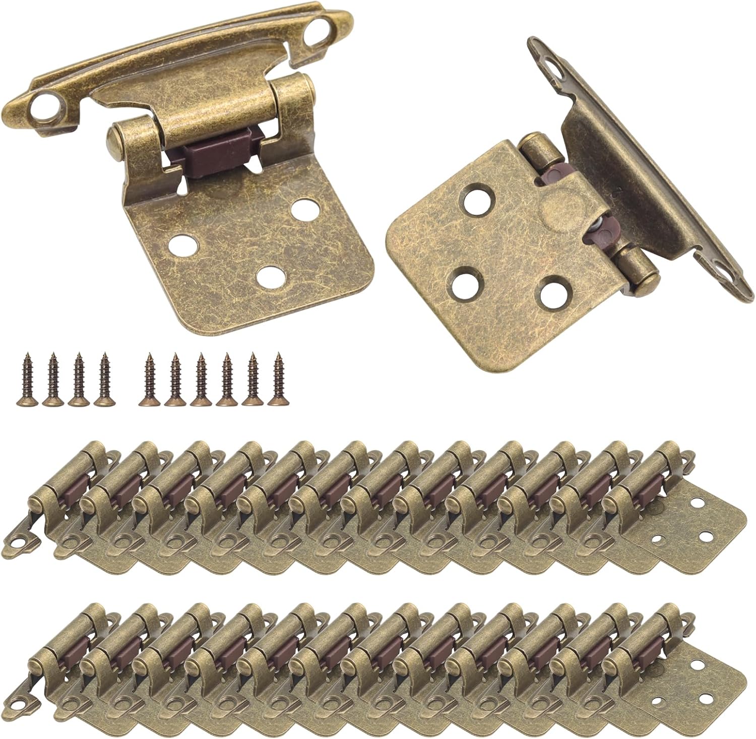 24 Pack Antique Brass Self Closing Kitchen Cabinet Hinges - 1/2" Overlay, Semi Concealed Face Flush Mount with Screws