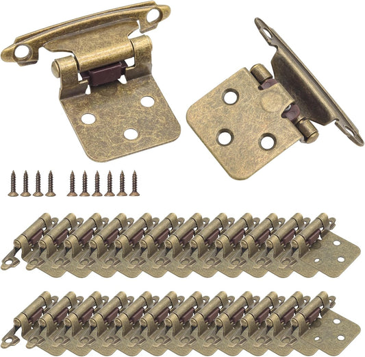 24 Pack Antique Brass Self Closing Kitchen Cabinet Hinges - 1/2" Overlay, Semi Concealed Face Flush Mount with Screws