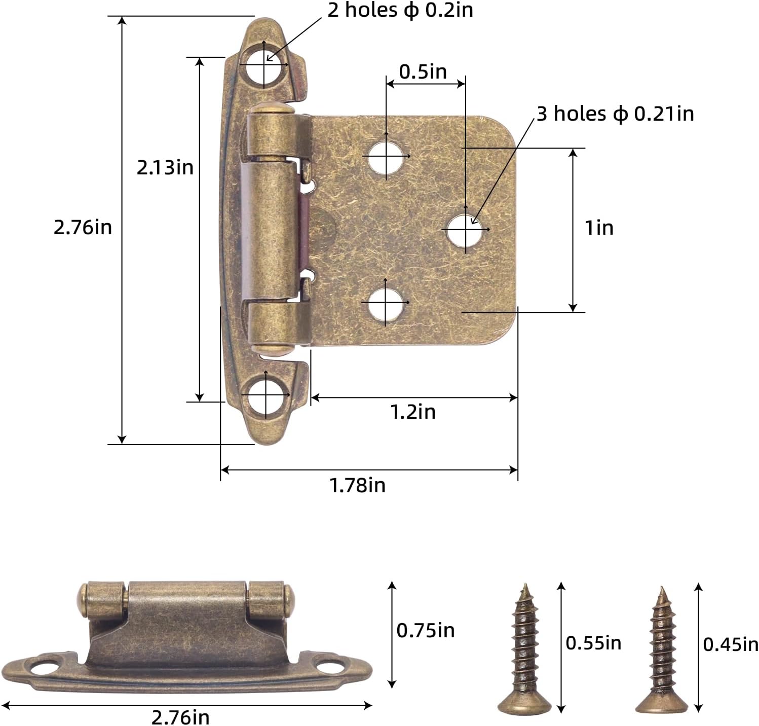 24 Pack Antique Brass Self Closing Kitchen Cabinet Hinges - 1/2" Overlay, Semi Concealed Face Flush Mount with Screws