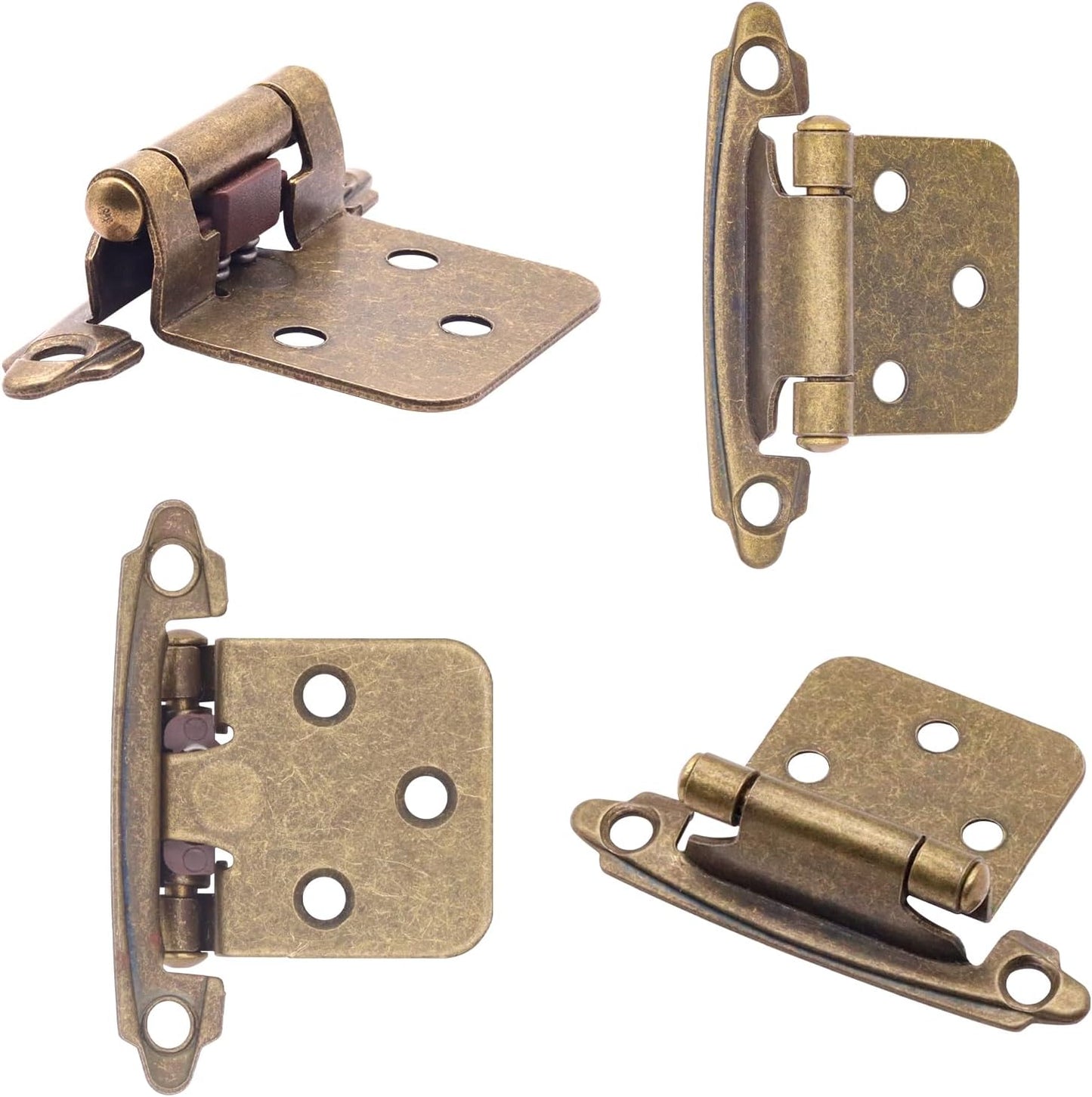 24 Pack Antique Brass Self Closing Kitchen Cabinet Hinges - 1/2" Overlay, Semi Concealed Face Flush Mount with Screws