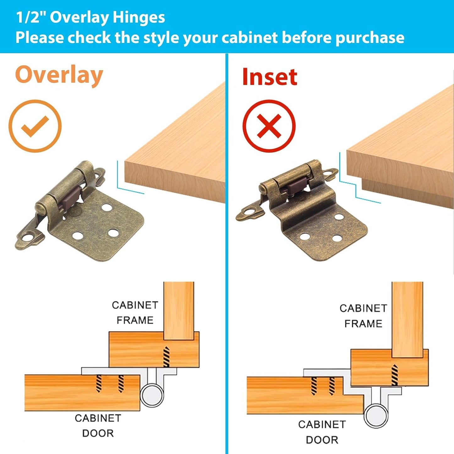 24 Pack Antique Brass Self Closing Kitchen Cabinet Hinges - 1/2" Overlay, Semi Concealed Face Flush Mount with Screws