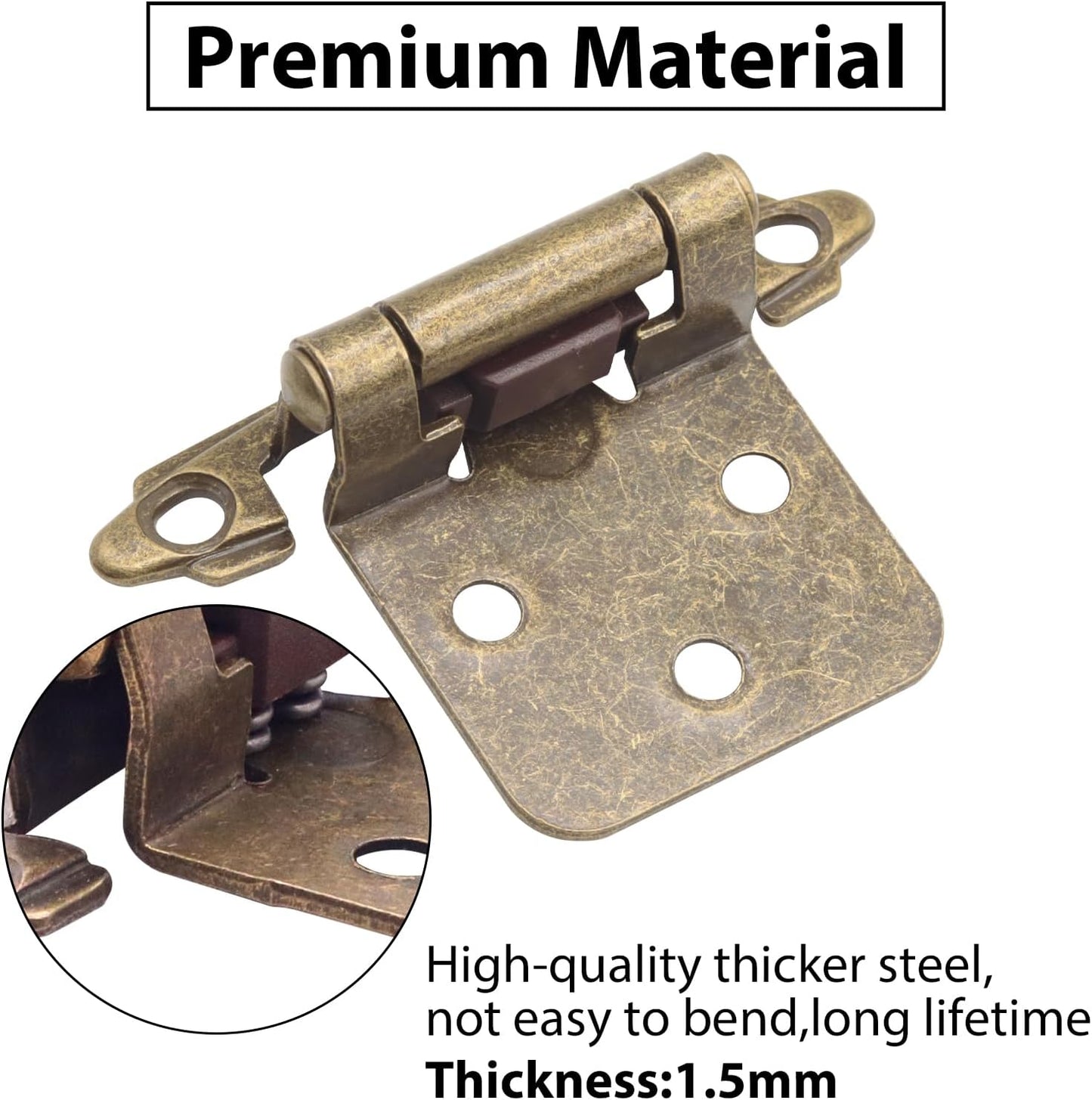 24 Pack Antique Brass Self Closing Kitchen Cabinet Hinges - 1/2" Overlay, Semi Concealed Face Flush Mount with Screws