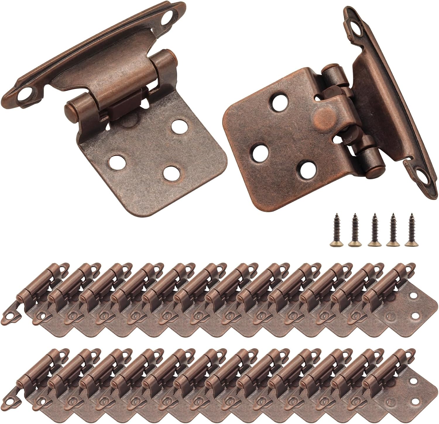 24 Pack Antique Copper Bronze Kitchen Cabinet Hinges - Self Closing Flush Mount, 1/2" Overlay, 12 Pairs - Includes Screws