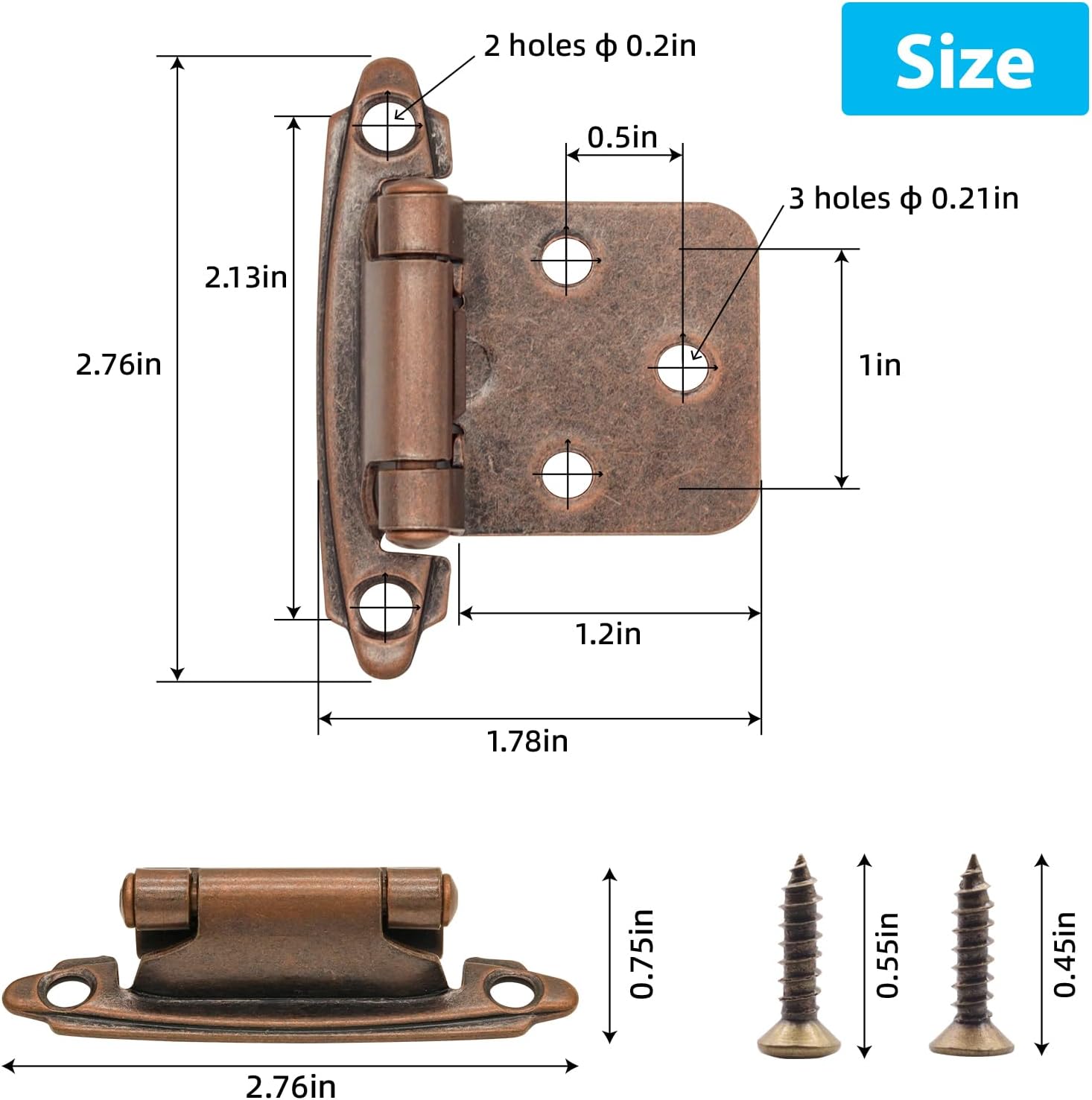 24 Pack Antique Copper Bronze Kitchen Cabinet Hinges - Self Closing Flush Mount, 1/2" Overlay, 12 Pairs - Includes Screws