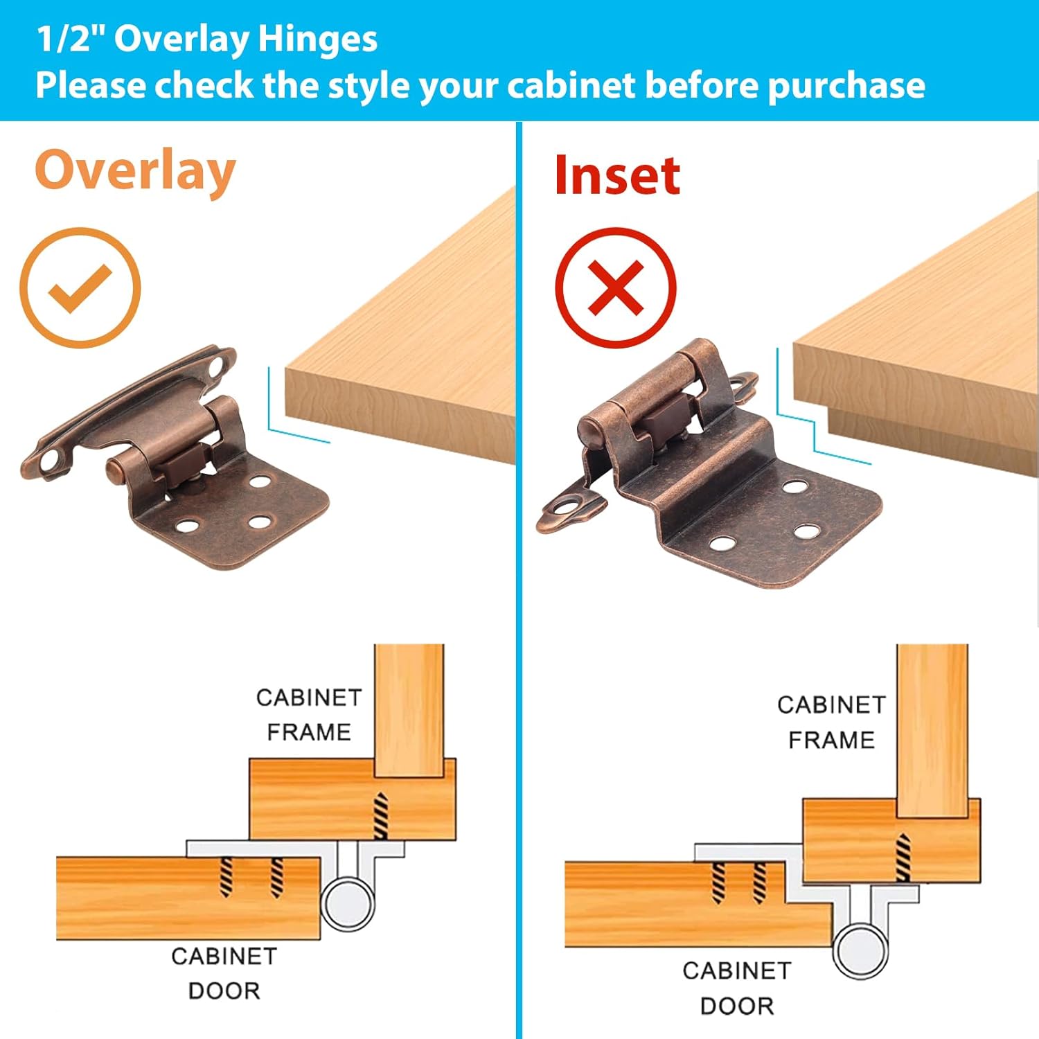 24 Pack Antique Copper Bronze Kitchen Cabinet Hinges - Self Closing Flush Mount, 1/2" Overlay, 12 Pairs - Includes Screws