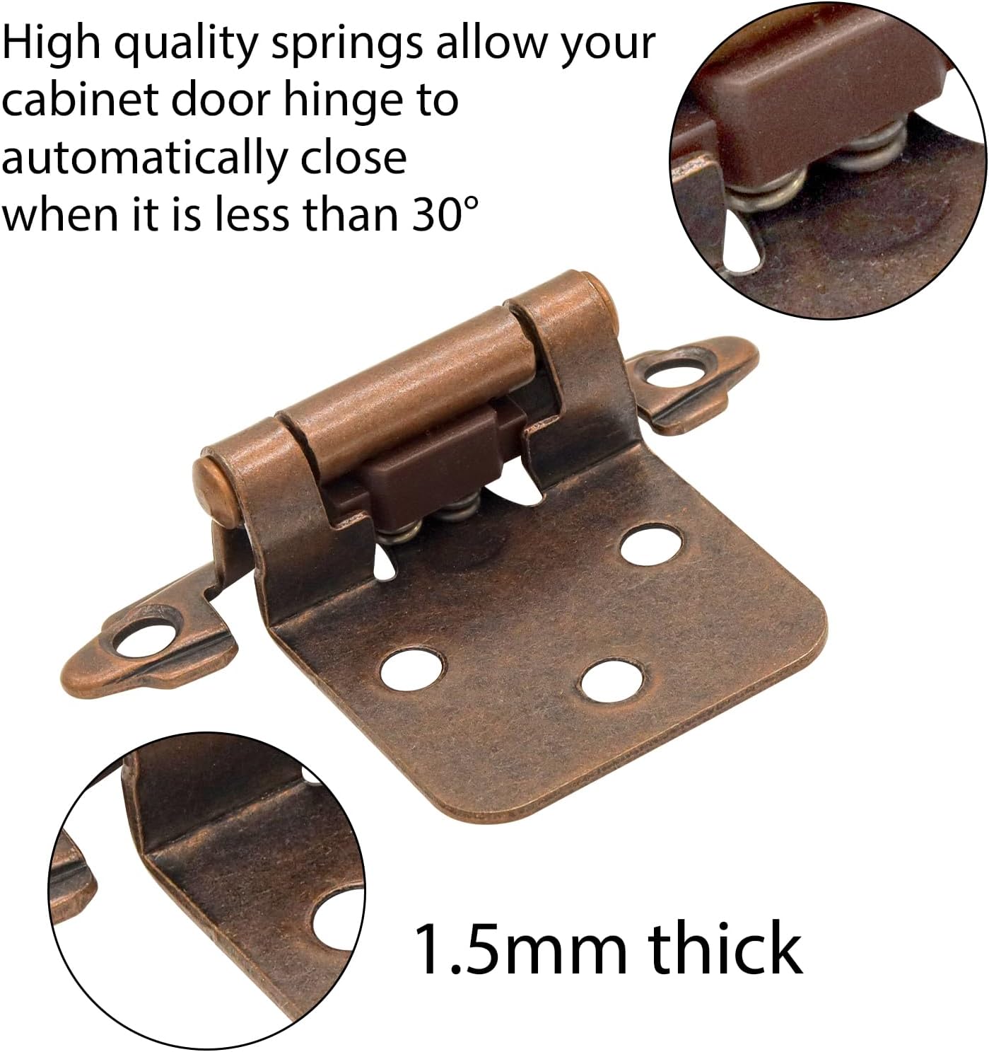 24 Pack Antique Copper Bronze Kitchen Cabinet Hinges - Self Closing Flush Mount, 1/2" Overlay, 12 Pairs - Includes Screws