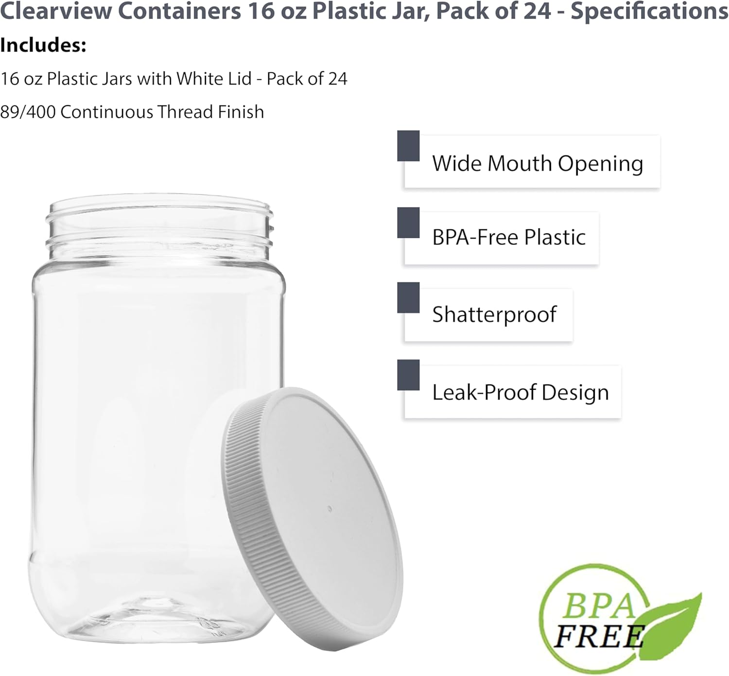 24-Pack of 16oz Clear Plastic Jars with Leak-Proof Lids - Food Grade & BPA-Free