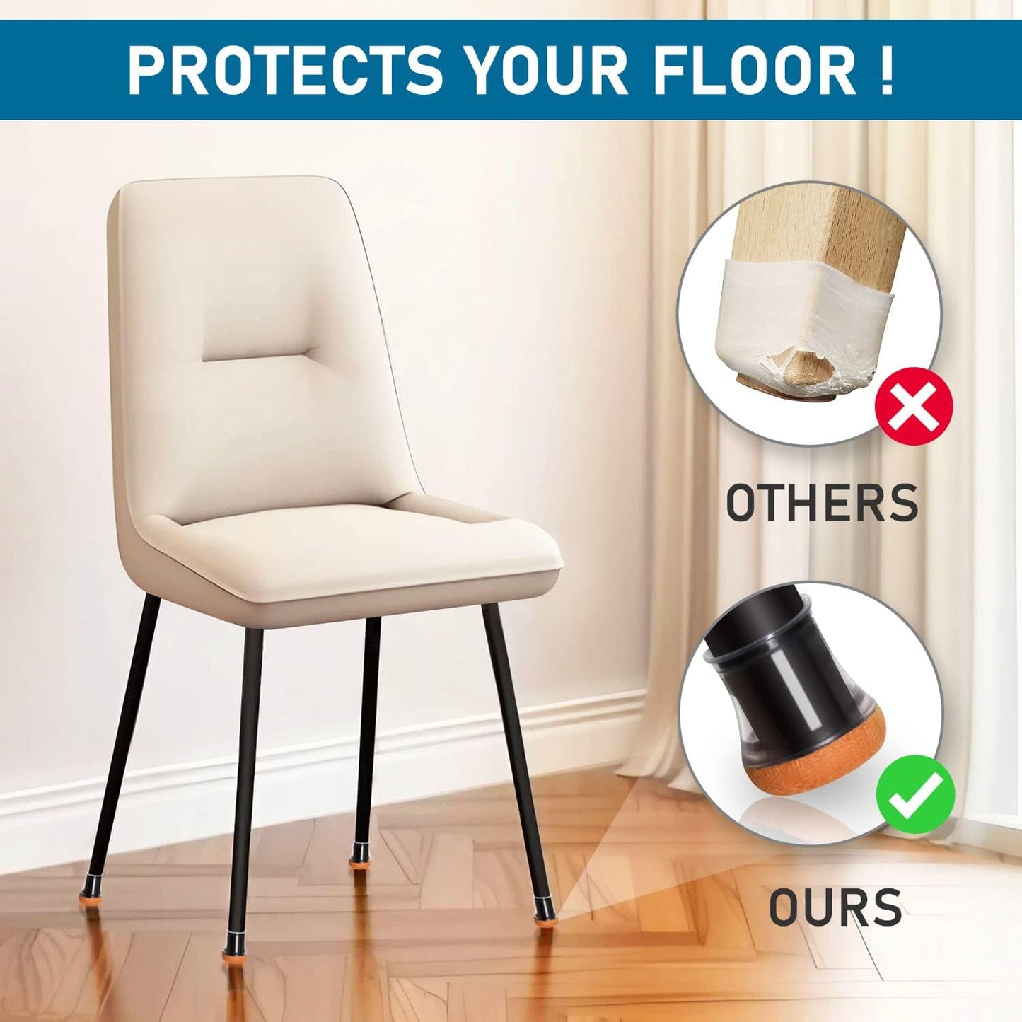 24 Pack Silicone Chair Leg Floor Protectors for Hardwood Floors - Furniture Pads with Felt Bottom - Medium Size - Fits 0.76" to 1.18" Chairs