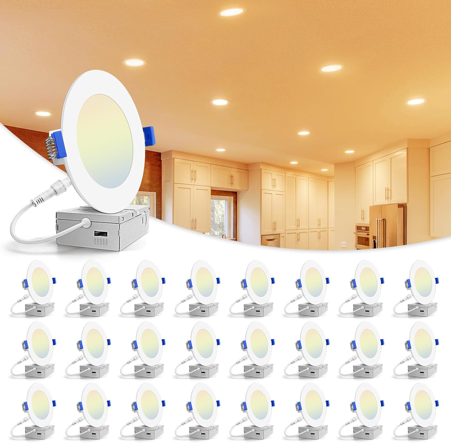 24 Pack VOLISUN 4 inch LED Recessed Lighting with Junction Box, 2700K-5000K Selectable, 9.5W Dimmable Downlight, ETL Certified