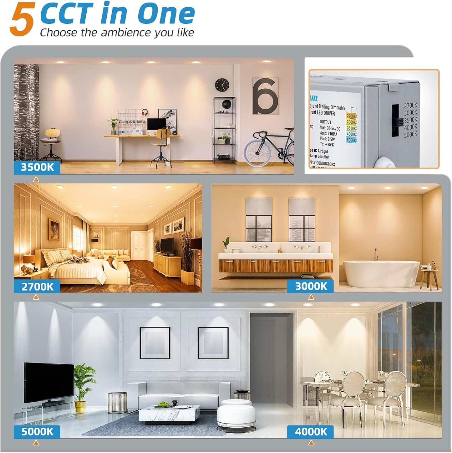 24 Pack VOLISUN 4 inch LED Recessed Lighting with Junction Box, 2700K-5000K Selectable, 9.5W Dimmable Downlight, ETL Certified