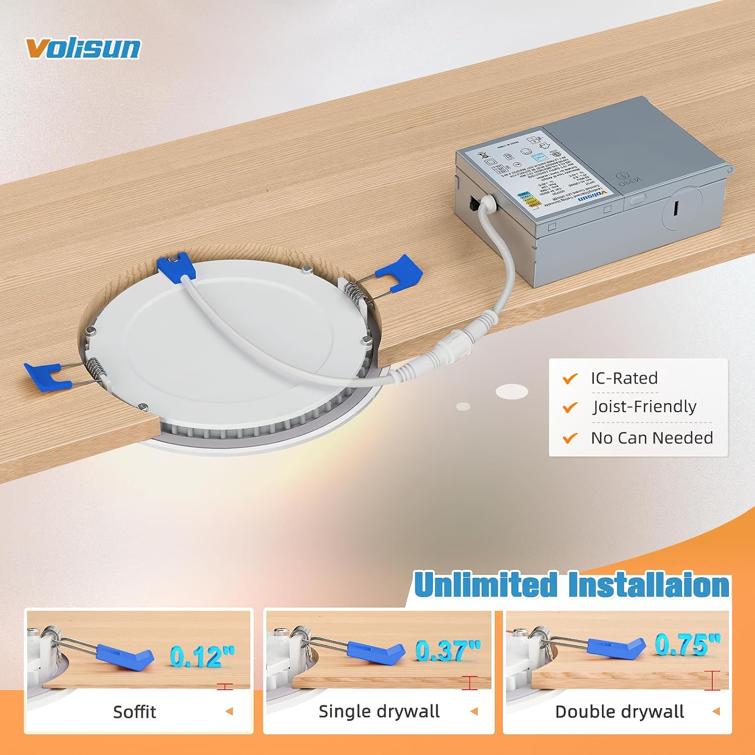 24 Pack VOLISUN 4 inch LED Recessed Lighting with Junction Box, 2700K-5000K Selectable, 9.5W Dimmable Downlight, ETL Certified
