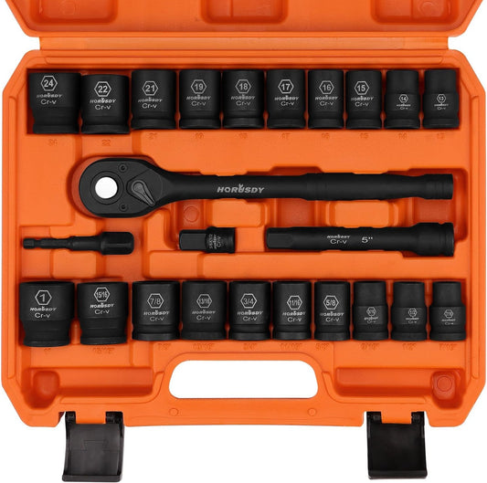 24-Piece 1/2" Drive Impact Socket Set with Ratchet Handle and Extension Bar - Standard and Metric Sizes