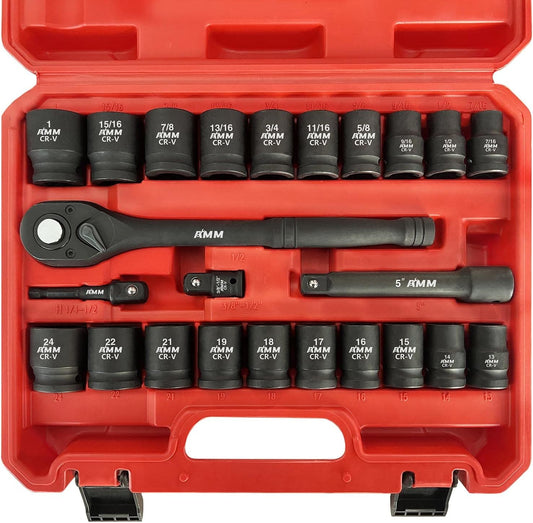 24-Piece AMM 1/2" Drive Master Impact Socket Set with Ratchet Handle - Standard and Metric Sizes