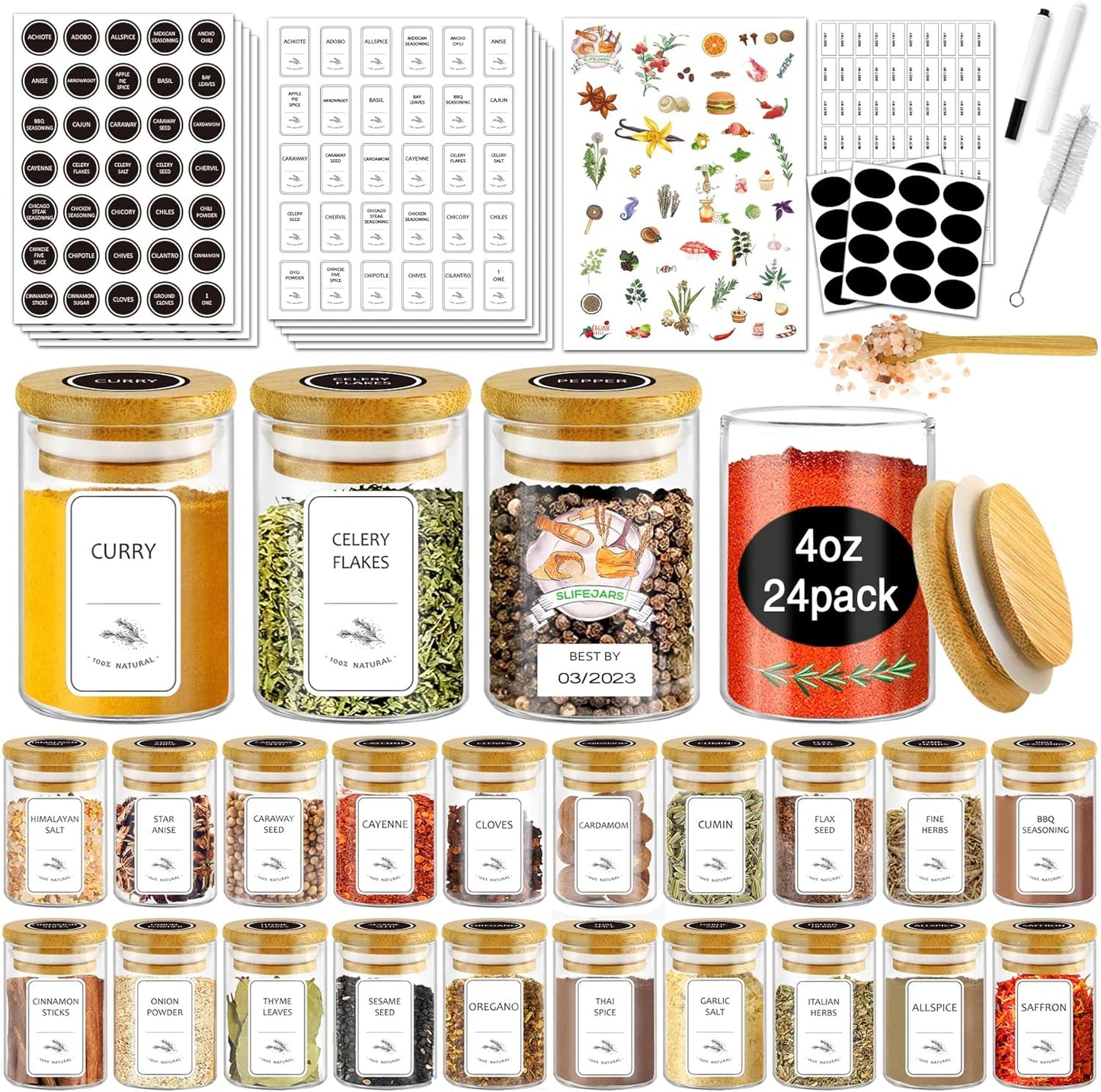 24-Piece Glass Spice Jars with Bamboo Lids and Labels - 4 oz Airtight Seasoning Containers for Pantry or Spice Rack