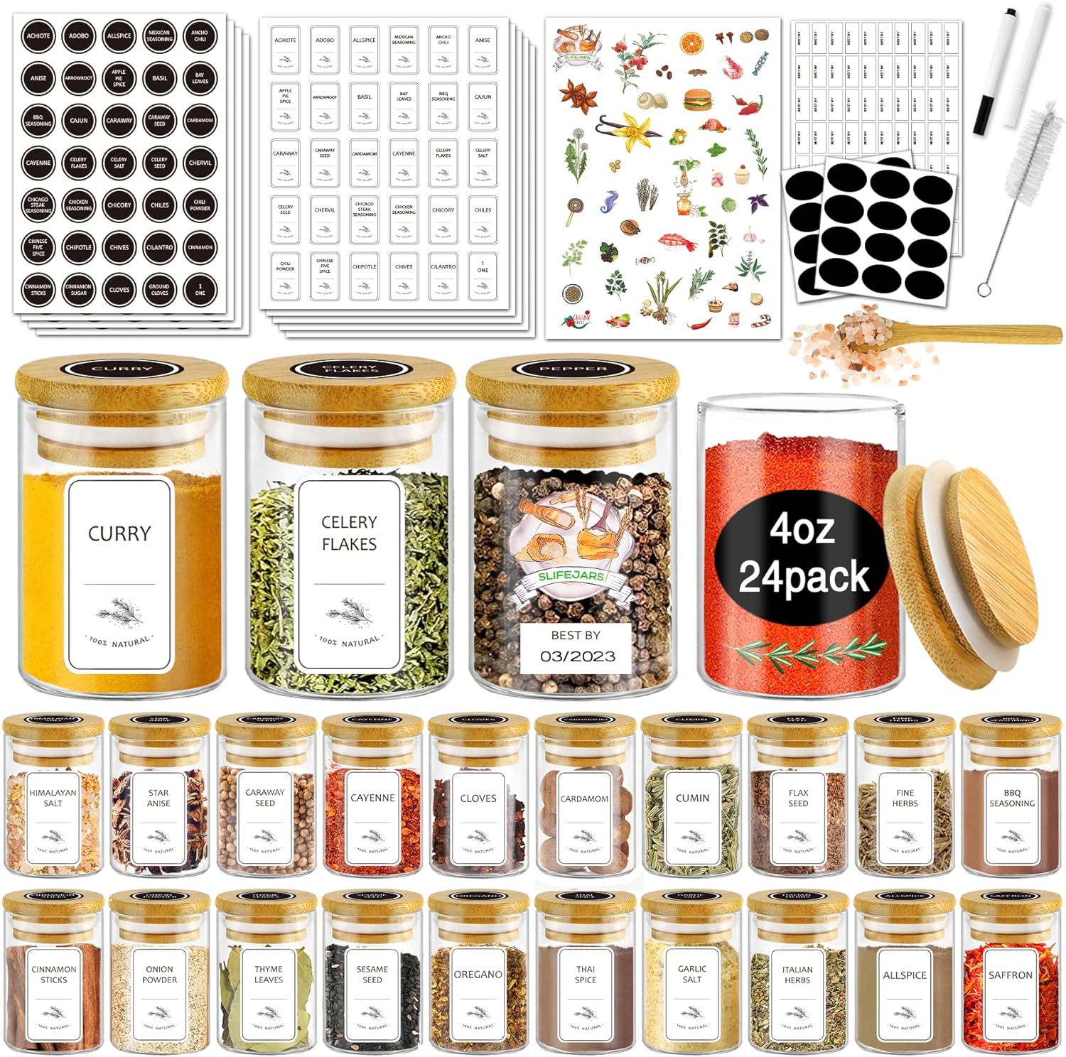 24-Piece Glass Spice Jars with Bamboo Lids and Labels - 4 oz Airtight Seasoning Containers for Pantry or Spice Rack