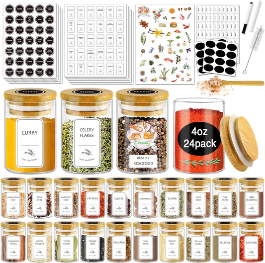 24-Piece Glass Spice Jars with Bamboo Lids and Labels - 4 oz Airtight Seasoning Containers for Pantry or Spice Rack