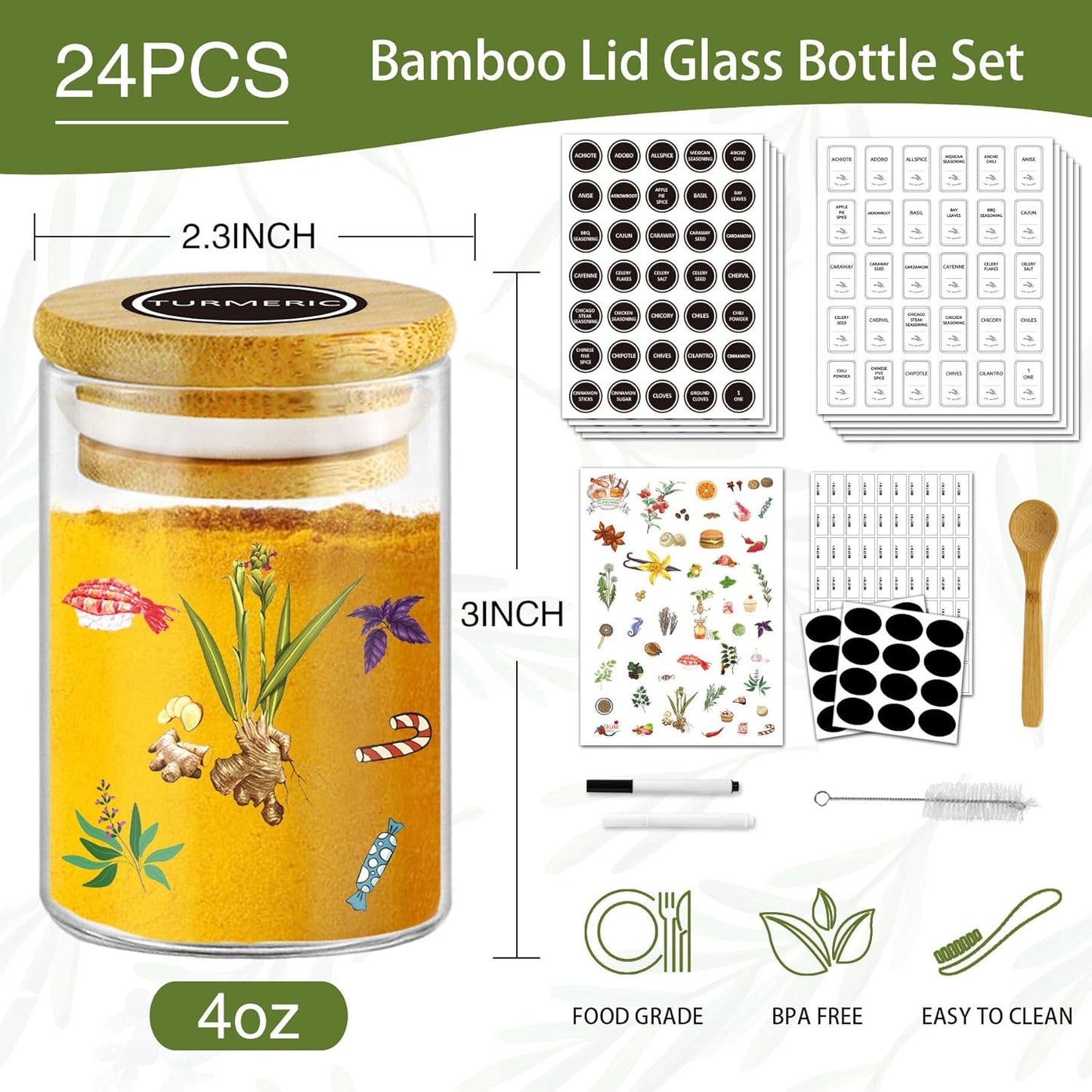 24-Piece Glass Spice Jars with Bamboo Lids and Labels - 4 oz Airtight Seasoning Containers for Pantry or Spice Rack