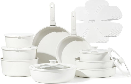 24-Piece Nonstick Induction Cookware Set with Detachable Handles - RV Oven Safe Cream White Pot and Pan Set