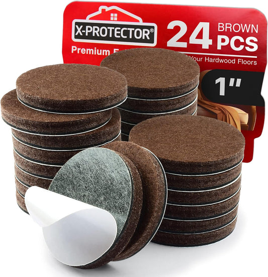 24 Round Heavy-Duty Furniture Felt Pads 1/4" Thick - Best Floor Protectors for Furniture Feet - Brown Scratch Preventers for Hard Floors by X-Protector