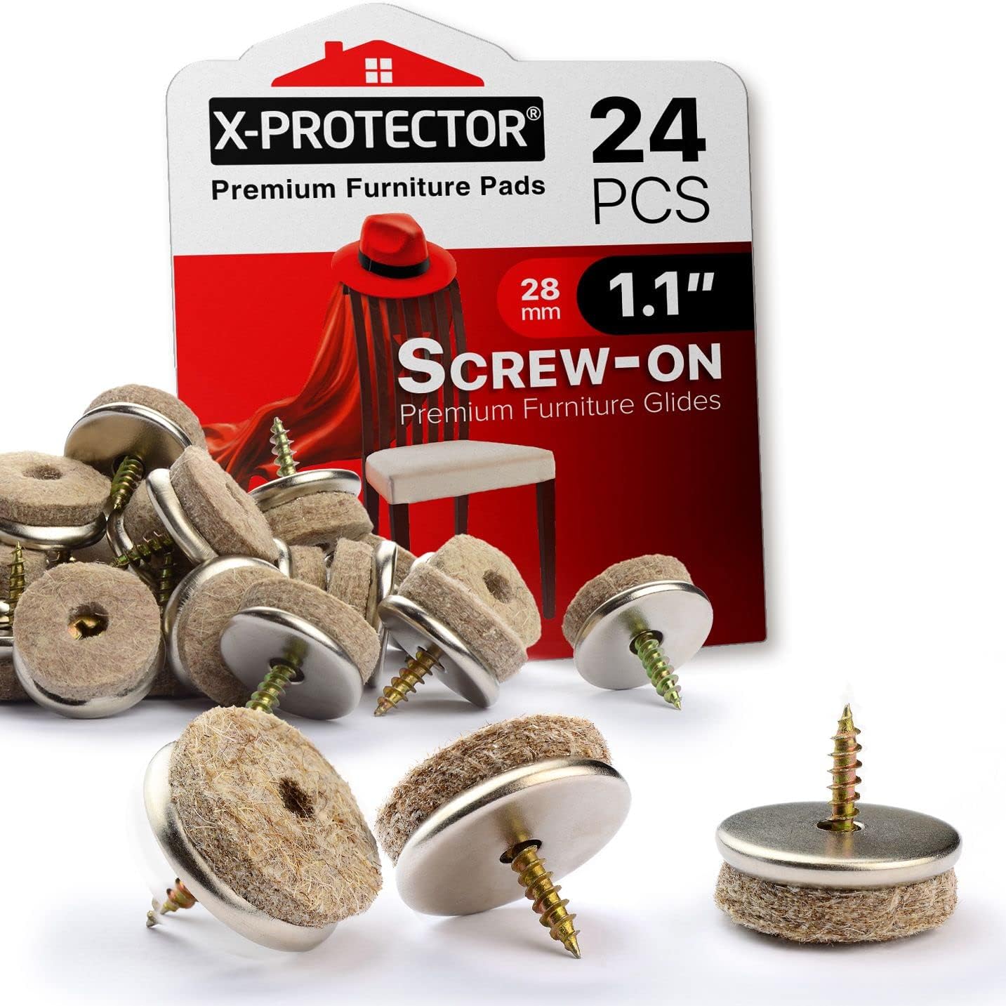 24 Screw-On Beige Felt Chair Pads 1.1" - Premium Furniture Glides for Hardwood Floors - Best Sliders for Furniture Legs
