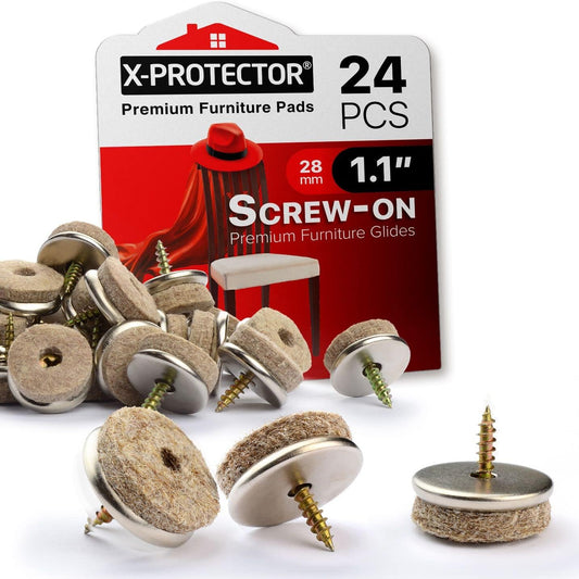 24 Screw-On Beige Felt Chair Pads 1.1" - Premium Furniture Glides for Hardwood Floors - Best Sliders for Furniture Legs