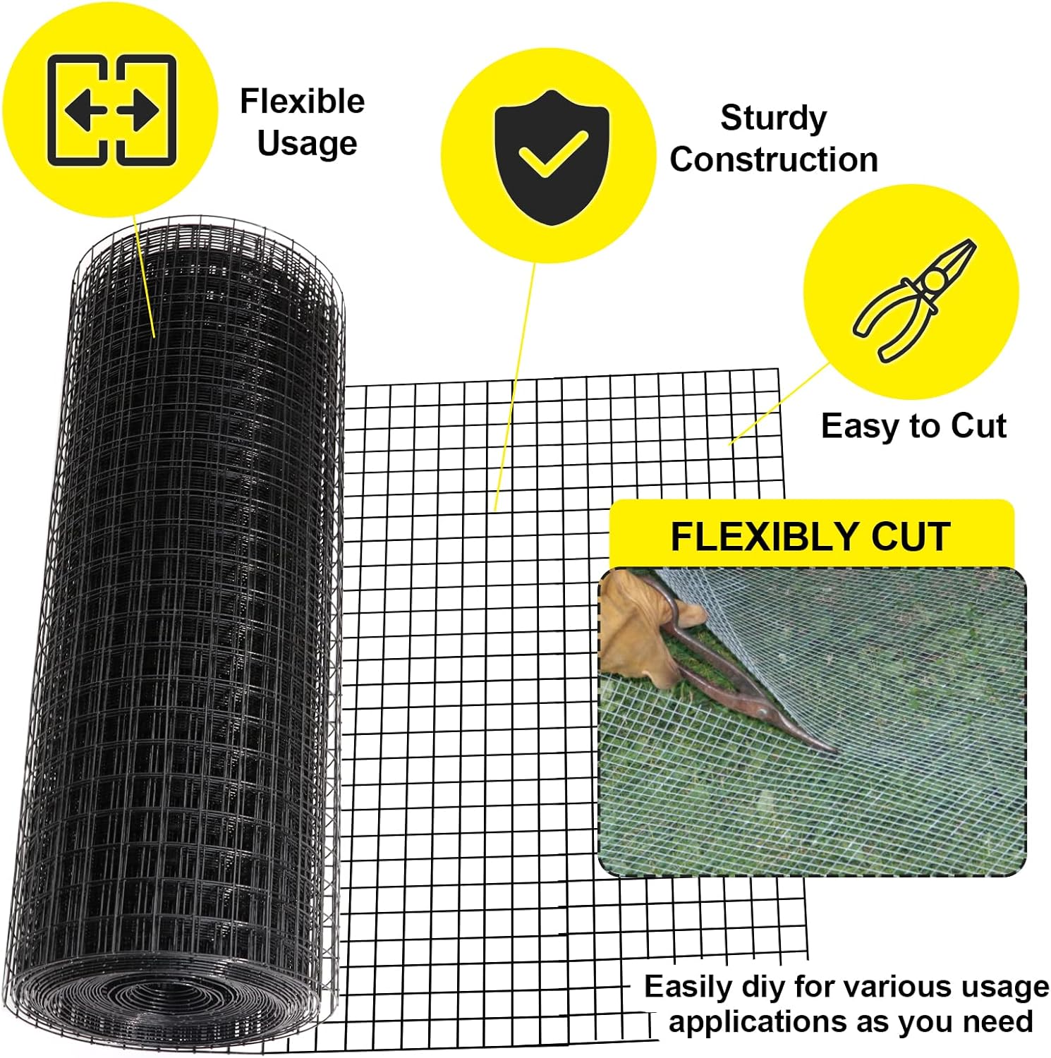 24'' x 50' 1-inch Black Vinyl Coated Welded Fence Mesh - 16 Gauge Hardware Cloth for Home & Garden Fence