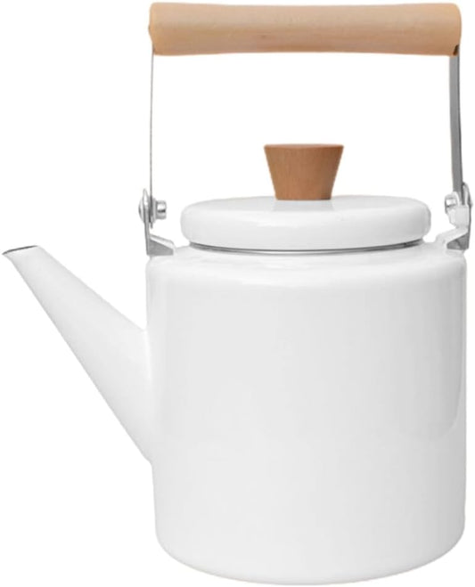 2.4L Vintage Enamel Tea Kettle with Wood Handle - Stovetop Water Heating Pot for Hot Water and Coffee - Handheld White Teapot