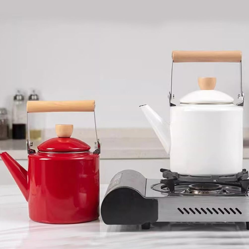 2.4L Vintage Enamel Tea Kettle with Wood Handle - Stovetop Water Heating Pot for Hot Water and Coffee - Handheld White Teapot
