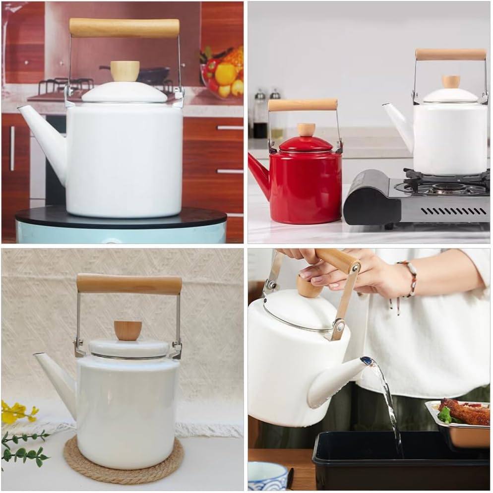 2.4L Vintage Enamel Tea Kettle with Wood Handle - Stovetop Water Heating Pot for Hot Water and Coffee - Handheld White Teapot