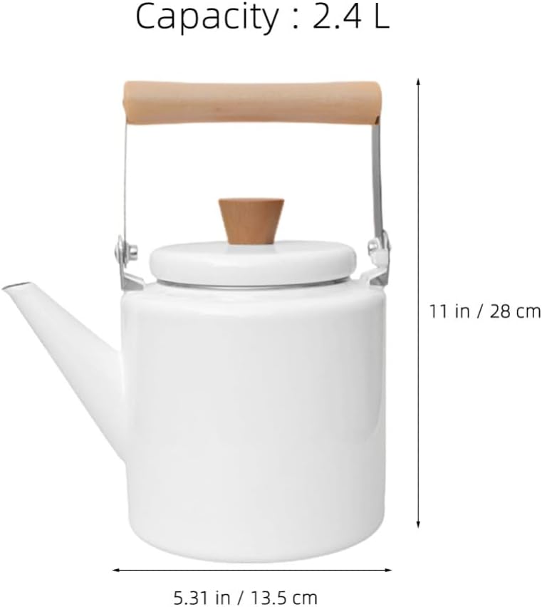 2.4L Vintage Enamel Tea Kettle with Wood Handle - Stovetop Water Heating Pot for Hot Water and Coffee - Handheld White Teapot
