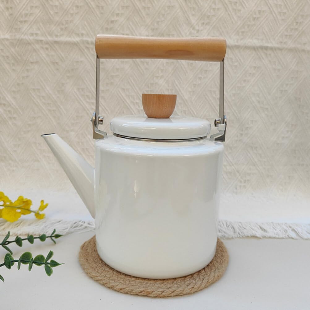 2.4L Vintage Enamel Tea Kettle with Wood Handle - Stovetop Water Heating Pot for Hot Water and Coffee - Handheld White Teapot