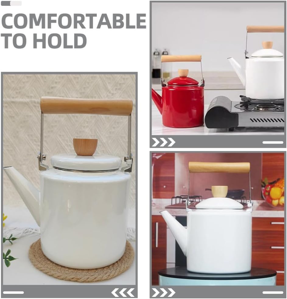 2.4L Vintage Enamel Tea Kettle with Wood Handle - Stovetop Water Heating Pot for Hot Water and Coffee - Handheld White Teapot