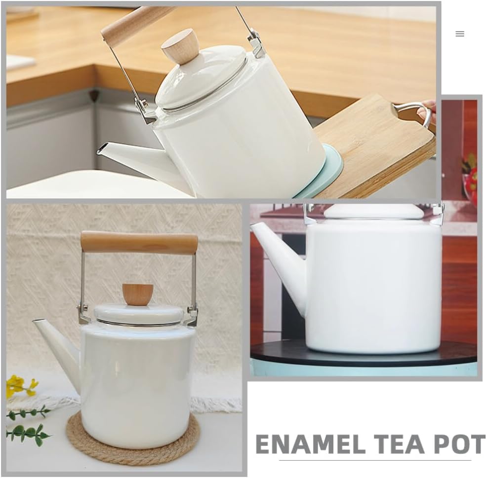 2.4L Vintage Enamel Tea Kettle with Wood Handle - Stovetop Water Heating Pot for Hot Water and Coffee - Handheld White Teapot