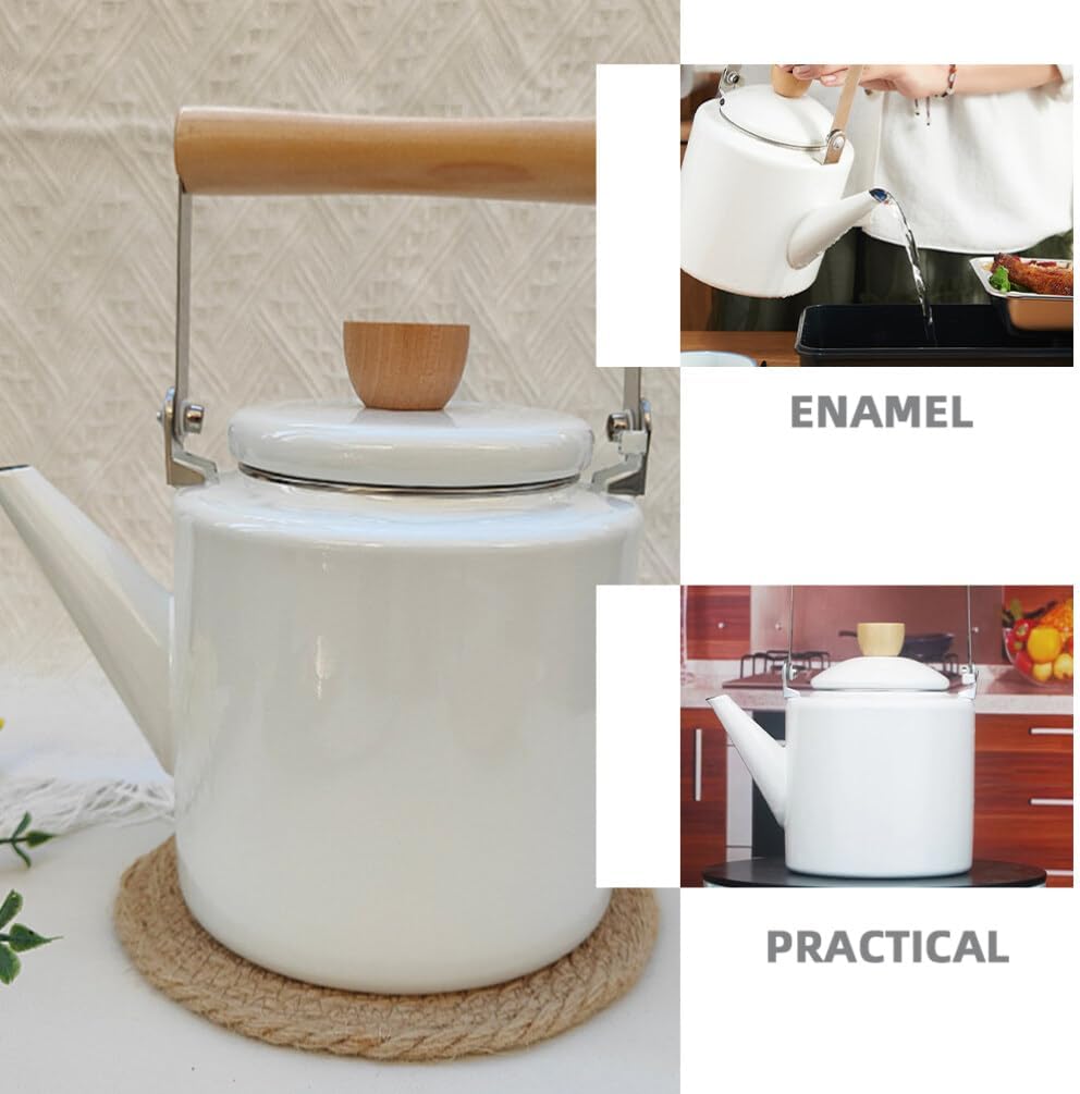 2.4L Vintage Enamel Tea Kettle with Wood Handle - Stovetop Water Heating Pot for Hot Water and Coffee - Handheld White Teapot
