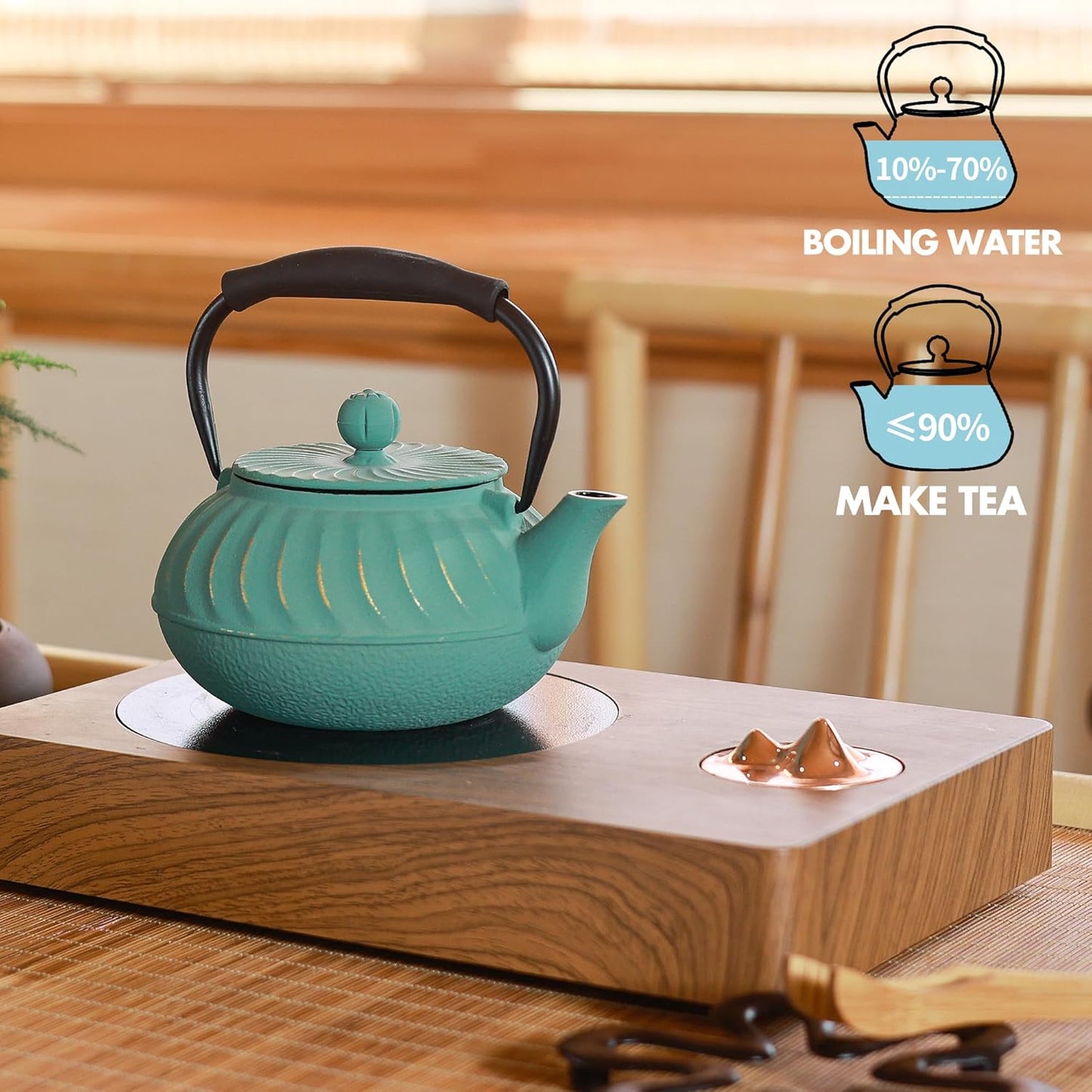 24oz Small Cast Iron Teapot with Infuser, Stovetop Safe Tea Kettle for Tea Coffee, Japanese Conch Shell Pattern, Enameled Interior - Silicone Handle - 700ml Green
